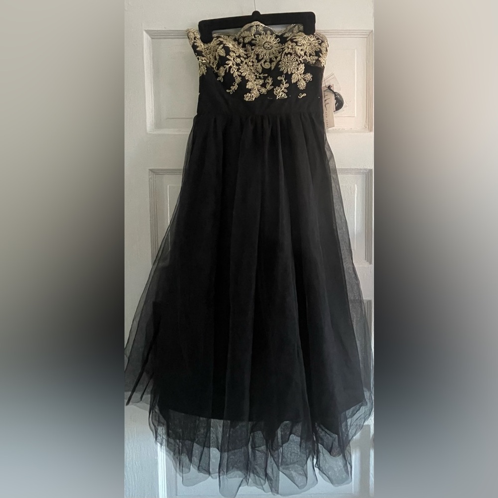 Nicole Miller Strapless Dress - Black Tulle and Gold Embroidery Size 2